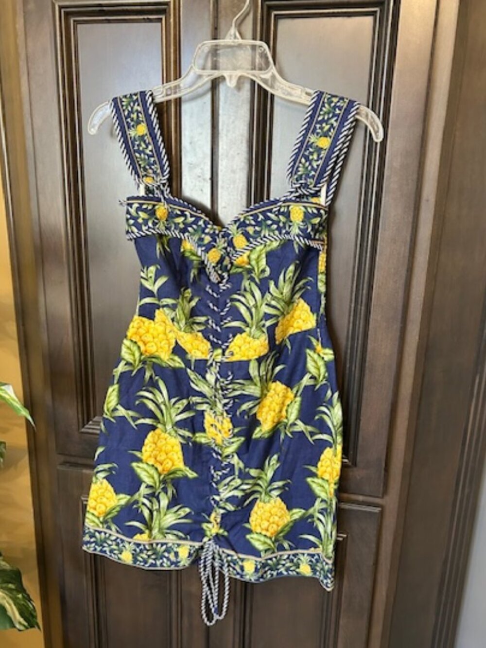 Farm Rio Delicate Pineapple Navy Blue Sleeveless Lace -Up Mini Dress